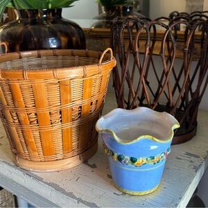 Blue Ceramic Planter with Floral Accents and bamboo planter lot